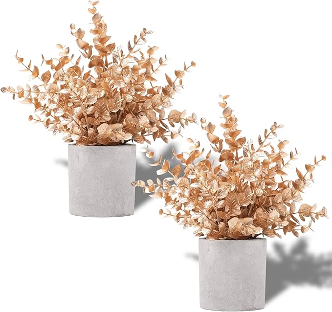 2 Pack Gold Eucalyptus Small Fake Plants Potted Artificial Plants for Christmas Decorations Shelf Desk Home Farmhouse Room Coffee Table Bathroom Decor