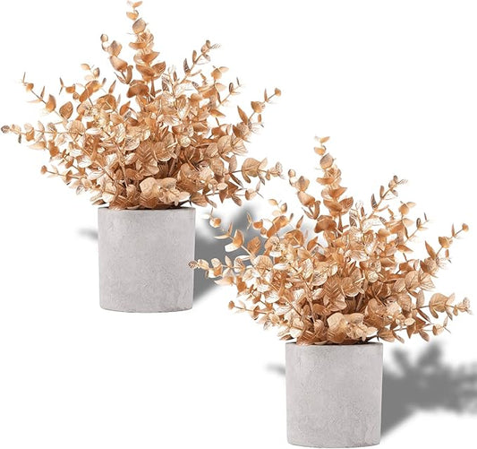 2 Pack Gold Eucalyptus Small Fake Plants Potted Artificial Plants for Christmas Decorations Shelf Desk Home Farmhouse Room Coffee Table Bathroom Decor