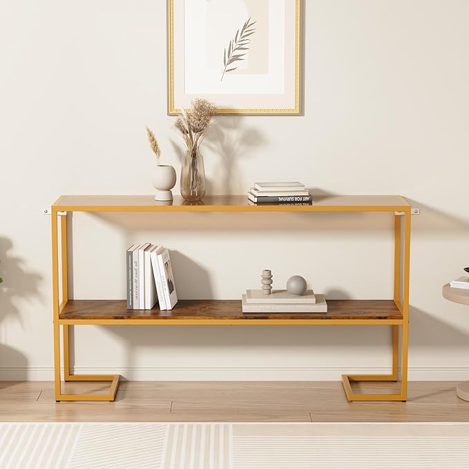 Console Sofa Table, 52" Modern Entryway Table, 2-Tier Open Shelf with Tempered Glass, Metal Frame Behind Couch Table with Gold Metal Frame for Living Room Hallway Entrance, Brown