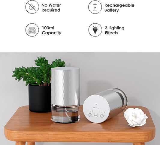 Airversa Waterless Diffuser Essential Oil 100ml Capacity Scent Air Machine for Home Aromatherapy Premium Metal Nebulizer Battery Operated 3 Mist Settings Timers Color Light AN5(Silver)