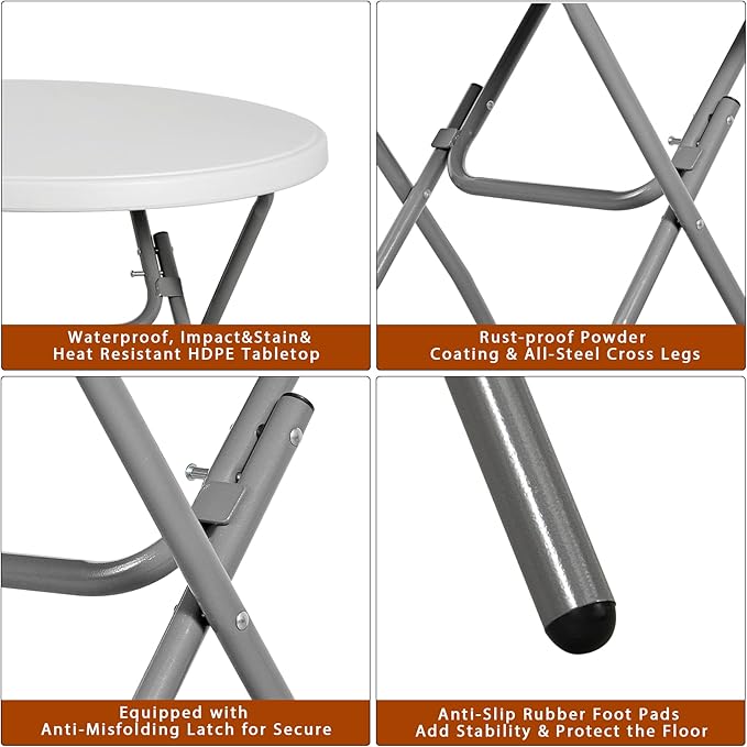 ZenStyle Folding Table, Indoor Outdoor Portable Plastic Dining Card Table Utility Bar Table for Camping Dining Wedding Event Party, White (Round, 32"x32")