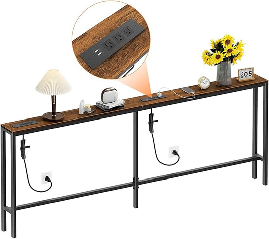 80.7'' Narrow Sofa Table with 2 Power Outlets (6 AC Outlets & 4 USB Ports), Thin Console Tables Narrow Long, Behind Couch Table Skinny for Entryway, Living Room, Hallway, Foyer, Rustic Brown