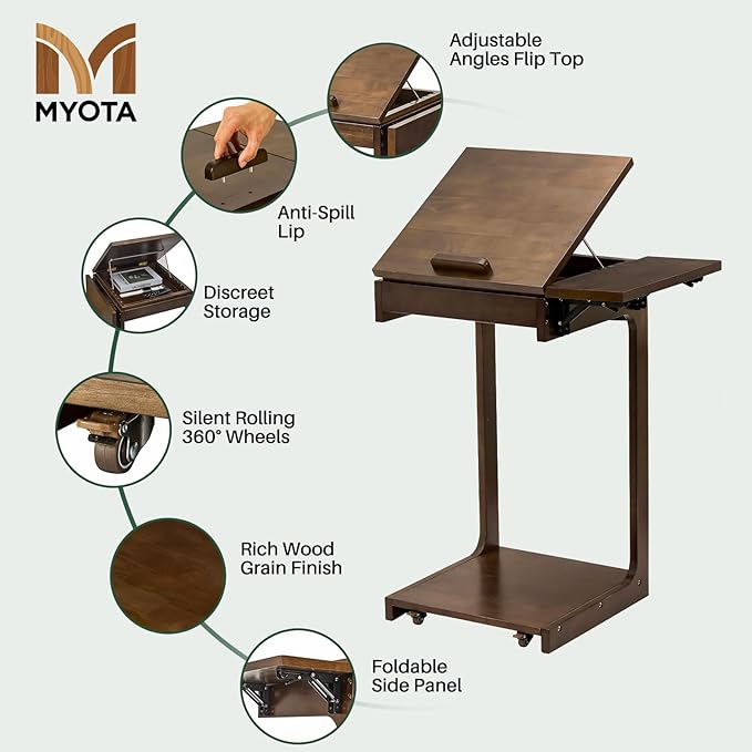 Wood Side Table for Couch - C Shaped Rolling End Table with Wheels, Wooden Modern Tv Tray Bedside Tables Nightstand for Sofa Armchair Living Room Bedroom, Black Walnut, 15.7 in x 15.7 in x 29.5 in