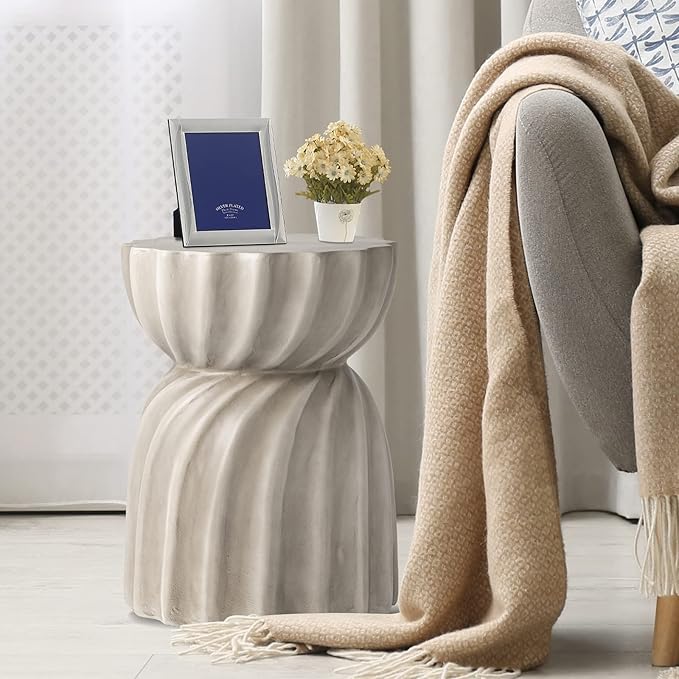 HOMPUS Unique Outdoor Concrete Side Table Set of 2, Garden Stool, 2 Piece Round Patio MgO End Table, Lightweight Small Accent Table for Indoor Outdoor Use, Patio, Garden, Backyard, Natural Grey