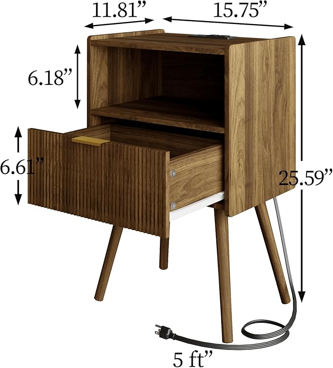 Nightstand,Modern Bedside Table with Storage Drawer and Open Wood Shelf, Accent Night Stand with Solid Wood Legs for Living Room, Bedroom and Small Spaces,Easy Assembly (Walnut Brown-Outlet)