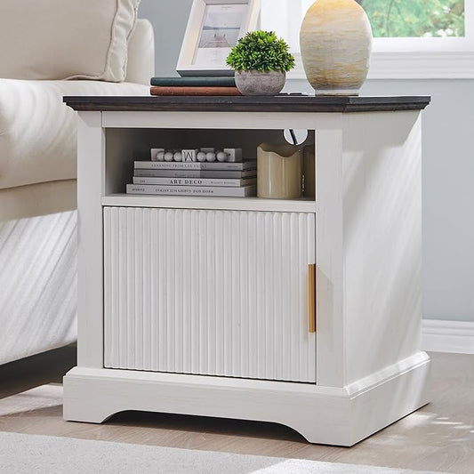 Fluted Nightstand with Charging Station, 22" Large Modern Side Table, Wood End Table w/Open Shelf & Spacious Tabletop, Bedside Table with Storage Space for Bedroom, Living Room (White)