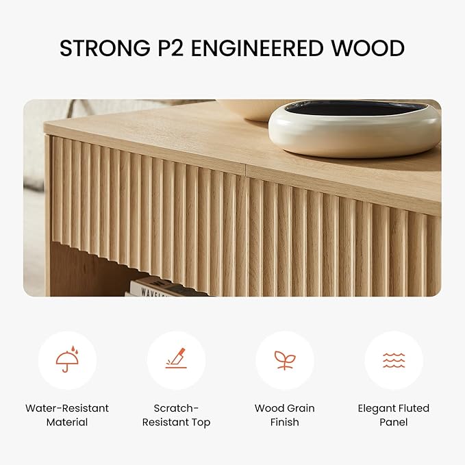 Amada Lift Top Coffee Table with Storage Shelf & Hidden Compartment, Modern Fluted Rectangle Dining Table for Living Room, Home Office,Natural Oak