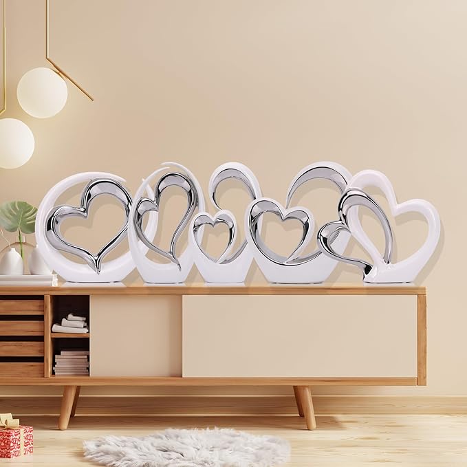 LCCCK Porcelain Double Heart Decor,White and Silver Sculpture Home Decor for Living Room Entryway Coffee Dining Table Shelves, Wedding Anniversary, Valentine's Gift for Couples & Lovers Modern