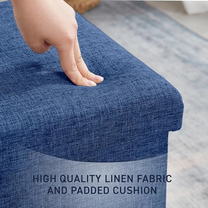 Ornavo Home Foldable Tufted Linen Storage Ottoman Square Cube Foot Rest Stool/Seat - 15" x 15" x 15" (Navy)
