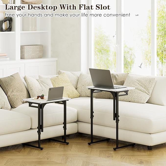 TV Tray, Folding TV Dinner Table, Adjustable Small C-Shaped End Tray for Eating, Foldable Slide Under Couch Side Table for Recliner, Living Room,No Assembly Required(White Marble,2Pcs)