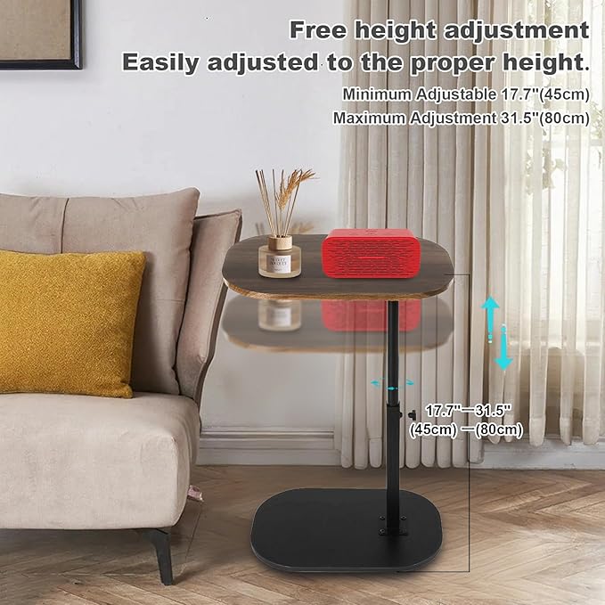 Side Table TV Tray for Couch,Height Adjustable 360° Swivel C Shaped End Table for Small Spaces,Bedside Bathroom Living Room (Walnut Wood)