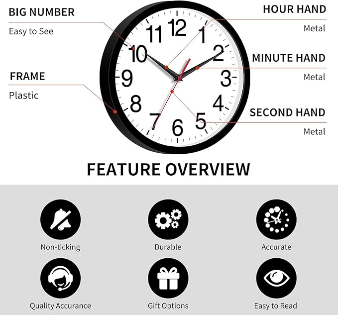 14 Inch Wall Clock Modern Battery Operated Silent Non Ticking Large Analog Clock for Living Room Office Home Bedroom Kitchen Bathroom(Black)