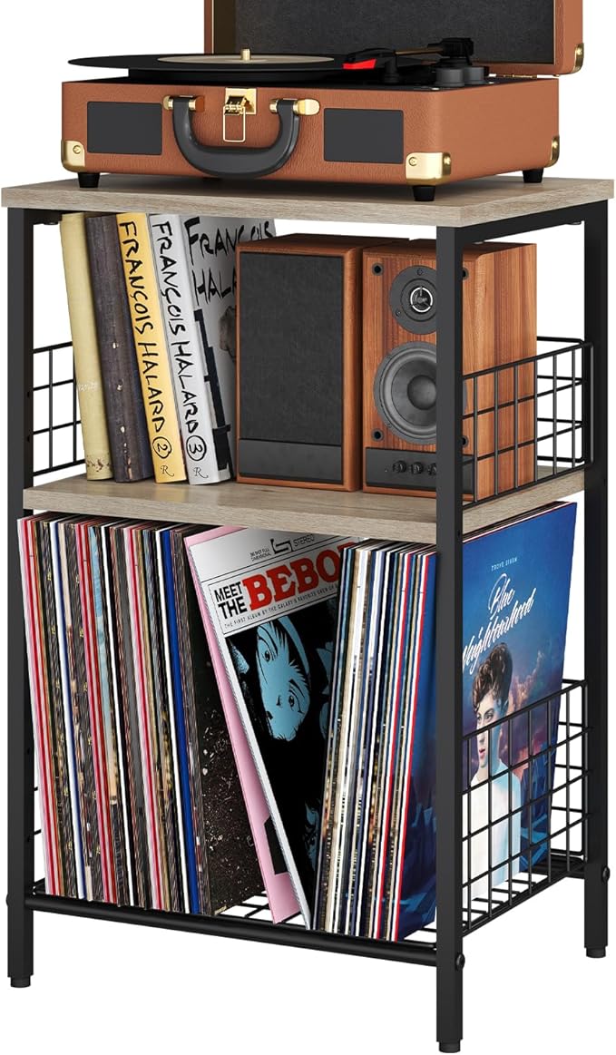 X-cosrack Side Table, Small End Table Record Player Stand with Storage, Vinyl Record Storage Night Stand for Living Room, Bedroom,Office(Patent Pending)(Greige & Black)