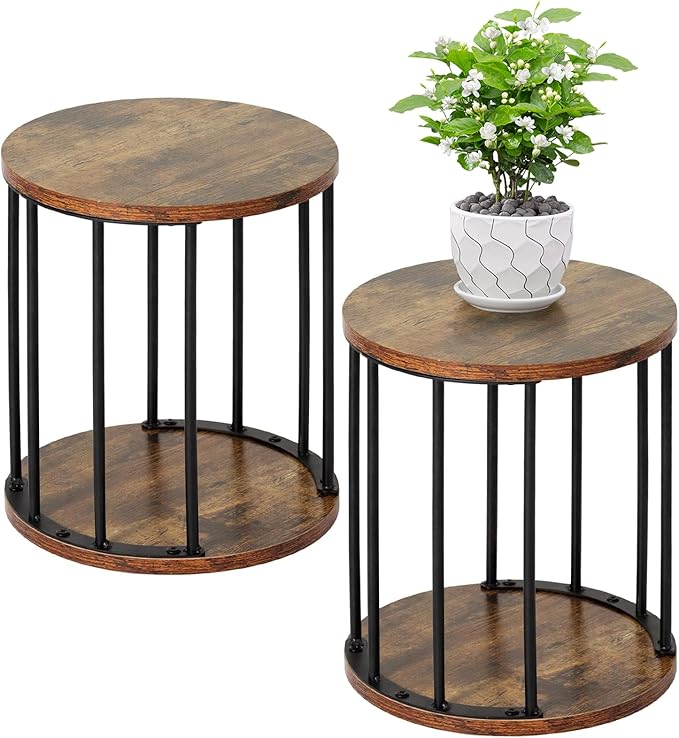 Plant Stand Indoor,small plant stool,Flower Pot Corner stand holder,Mid Century Heavy Duty Metal Tall Home Decor,Modern Round End Table,Small Rustic Display Stand for Living Room,Bedroom(Brown,2 Packs)