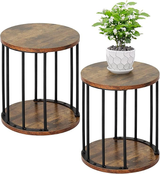 Plant Stand Indoor,small plant stool,Flower Pot Corner stand holder,Mid Century Heavy Duty Metal Tall Home Decor,Modern Round End Table,Small Rustic Display Stand for Living Room,Bedroom(Brown,2 Packs)