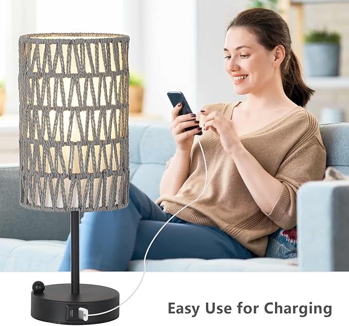 Touch Bedside Lamp For Bedroom with Bulb, Gray Boho Small Table Lamp For Living Room With Rattan & Linen Shade, 3 Way Dimmable Table Lamp For Nightstand With USB Charging Port & Phone Stand For Office