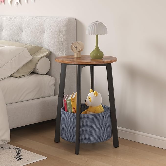 Small Round Side End Table Set of 2 with Cloth Storage Basket, Round Bedside Sofa Couch Coffee Tables for Small Places with Metal Frame, Modern Nighstands for Living Room Bedroom,Rustic Brown