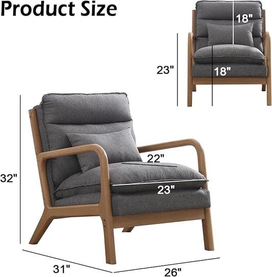 INZOY Accent Chairs Set of 2, Mid Century Modern Accent Chair with Wood Frame, Upholstered Reading Armchair with Waist Cushion, Side Chair for Living Room Bedroom Office, Easy Assembly, Grey