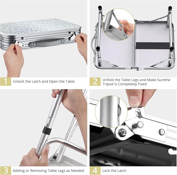 Anbte 2ft Camping Table Foldable, 3 Adjustable Heights 26.3" Aluminum Small Folding Table with Storage Net, Lightweight, Portable Handle for Travel Outdoor Beach Picnic, 23.2" x 16", Silver