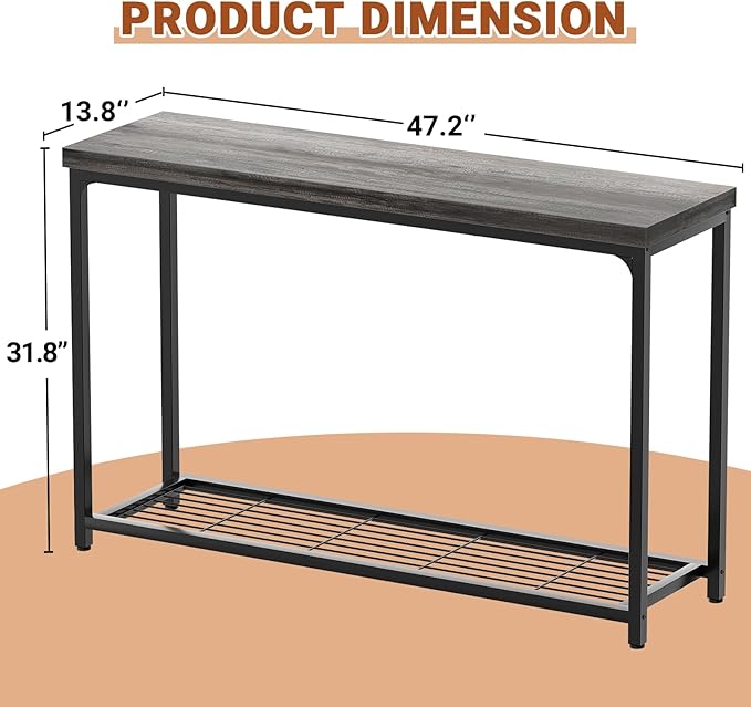 Console Table, Entryway Table, Sofa Table with Mesh Shelves, Console Tables for Living Room, Bedroom, Hallway, Entryway, Foyer (2 Tier, Oak Grey, 47 inch)