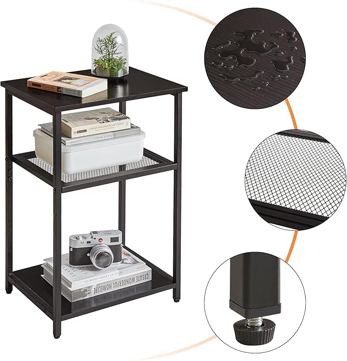 IBUYKE Side Table, 3-Tier End Table, Industrial Nightstand Small Table with Storage Shelf, for Bedroom, Living Room, Hallway, with Metal Frame, Black UTMJ403B