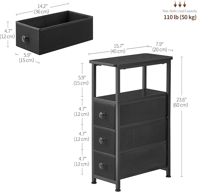 End Table, Narrow Side Table with 3 Fabric Drawers, Slim Nightstand, Small Bedside Table with Storage, Living Room, Bedroom, Black HKET1300BK