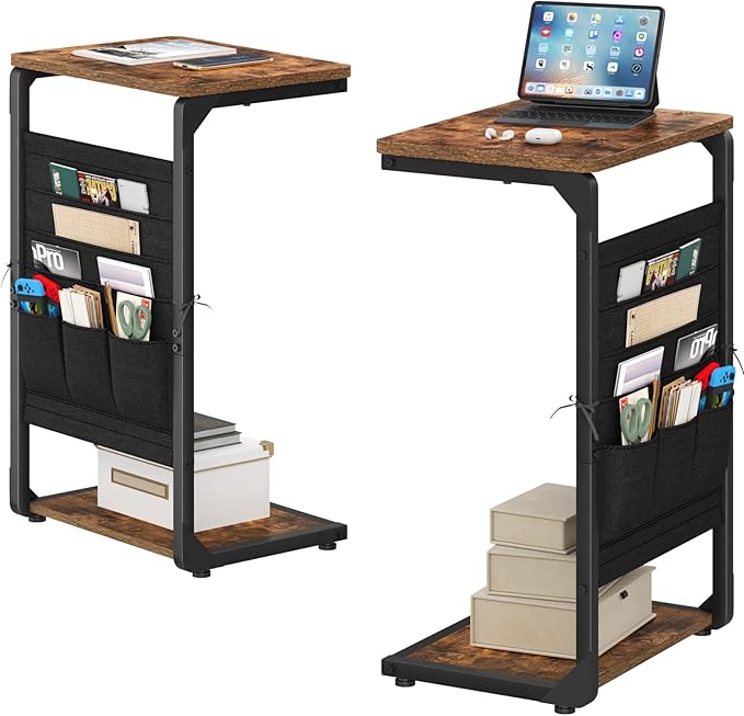 C-Shaped End Tables, TV Trays Set of 2, Small Side Table for Couch with Storage Bag, Sofa Table for Living Room, Bedroom, Bedside ET-P-BRW2