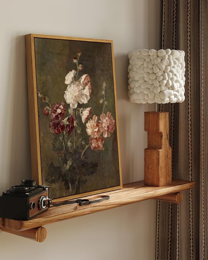 ARPEOTCY Vintage Floral Framed Wall Art, Hollyhocks Bathroom Decor Aesthetic, 16x24 Inch Large Canvas Art, Retro Wall Decor for Bedroom Living Room, Office Still Life Paintings Gifts