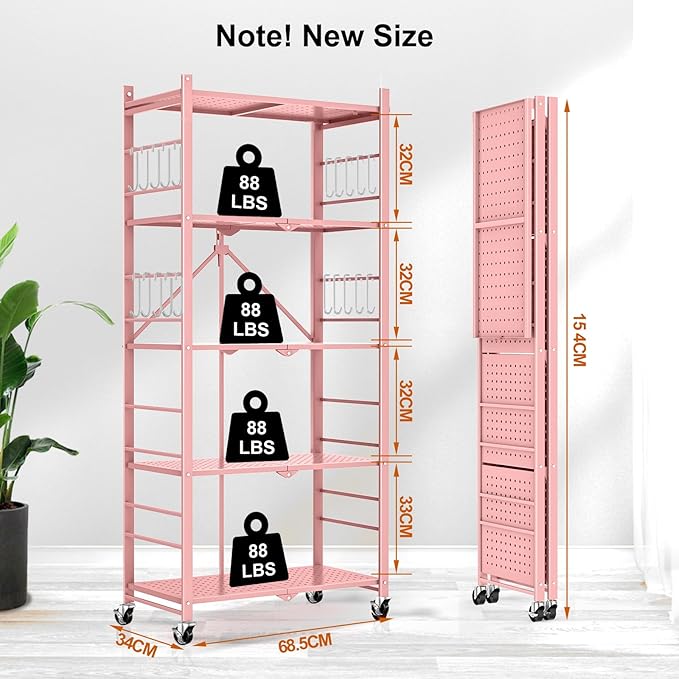 Storage Shelves with 20 Hooks, 5-Tier Foldable Shelves for Storage, Folding Shelf Unit Pantry Shelves with Wheels, Standing Shelving Unit for Kitchen Garage Home Office Room Greenhouse, Pink
