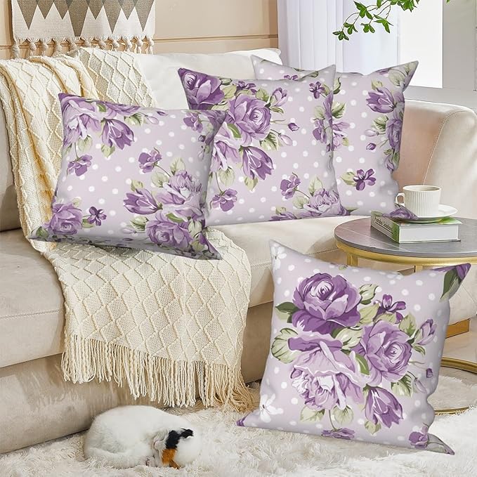 Purple Flower Throw Pillow Covers 22"x22" Set of 4, Vintage Floral Sofa Cushion Cover for Chair Couch Bed Living Room Office Car Garden Patio Farmhouse Indoor Outdoor Decorative