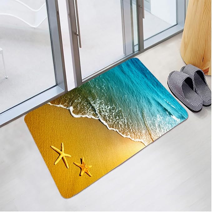 Bath Rugs Sponge Foam Absorbent Soft for Bathroom and Kitchen (21X35.5 inches), Flannel Mat Non Slip Bright 3D Print for Bedside and Living Room(Starfish Beach)
