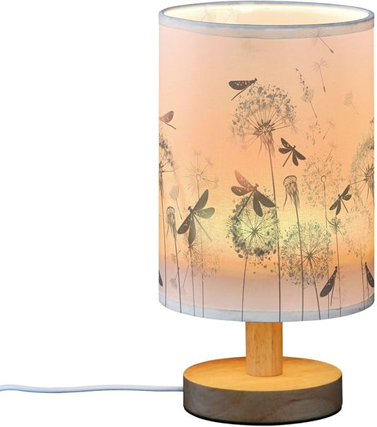 Table Lamp Elegant Dandelion Dragonfly Nightstand Lamp with Wood Base Fabric Lamp Shade Bedside Desk Lamp for Living Room Bedroom Kids Room Office
