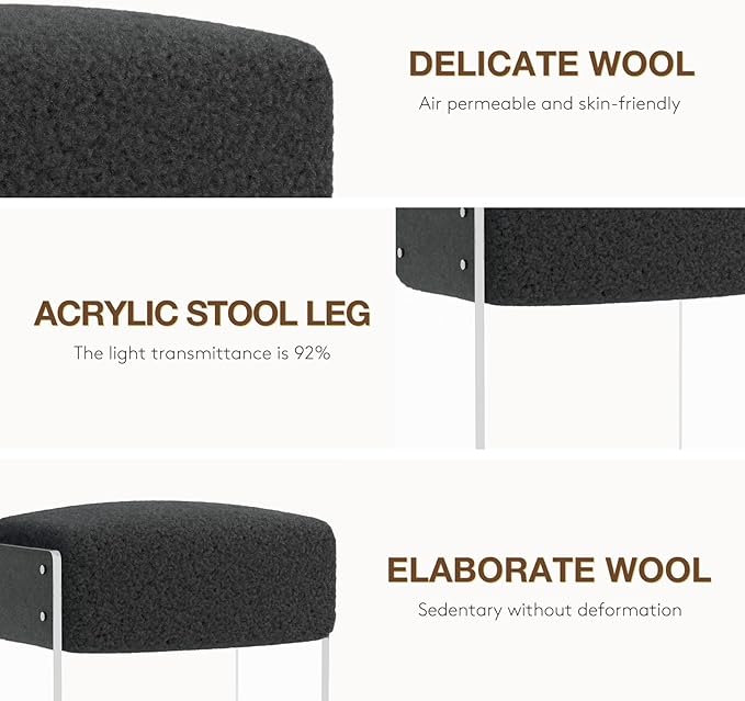 Vanity Stool Chair and Foot Rest -Modern Vanity Stool and Footstool with Wool and Acrylic Leg for Makeup Room, Living Room , Bedroom, Boucle Ottomans for Birthday, Christmas, Halloween, Easter Gifts