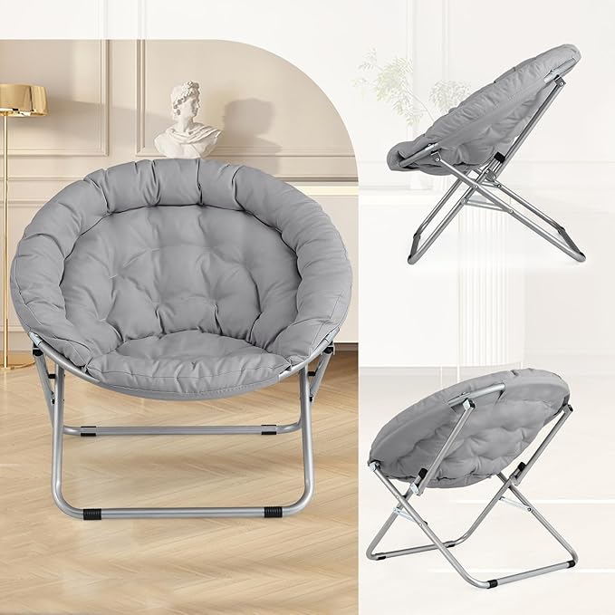 Athena Collection Comfy Saucer Chair, Folding Oversized Cozy Chair for Bedroom Living Room Fabric Reading Chair, Foldable Metal Frame Round Lazy Chair Moon Chair for Adult Set of 2, Gray