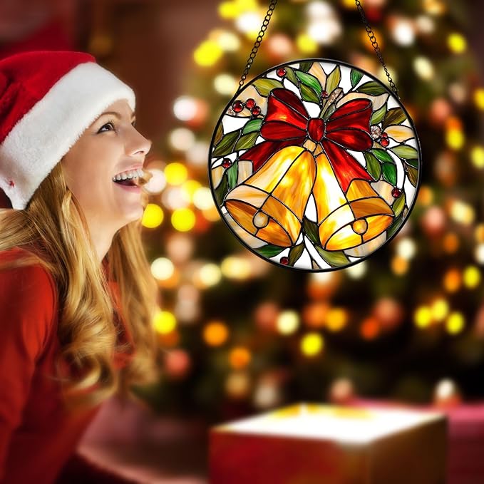 Christmas Stained Glass Window Hanging Sun Catcher, Christmas Bell Suncatcher with Red Bow for Window Ornament, Festive Wall Art Decor Gift for Women, Men (Golden Bell, 9'')