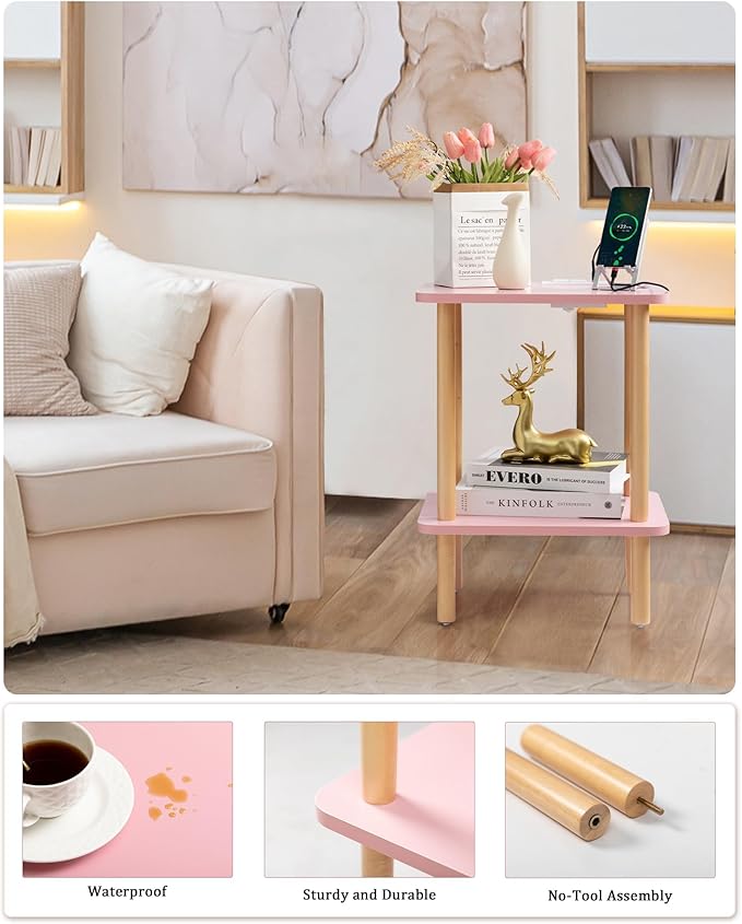 FORAOFUR Side Table with Charging Station, Small Side Table with 2 USB Ports and Outlets, End Tables for Small Spaces in Living Room, Bedroom & Nursery, 2 Tier Nightstand