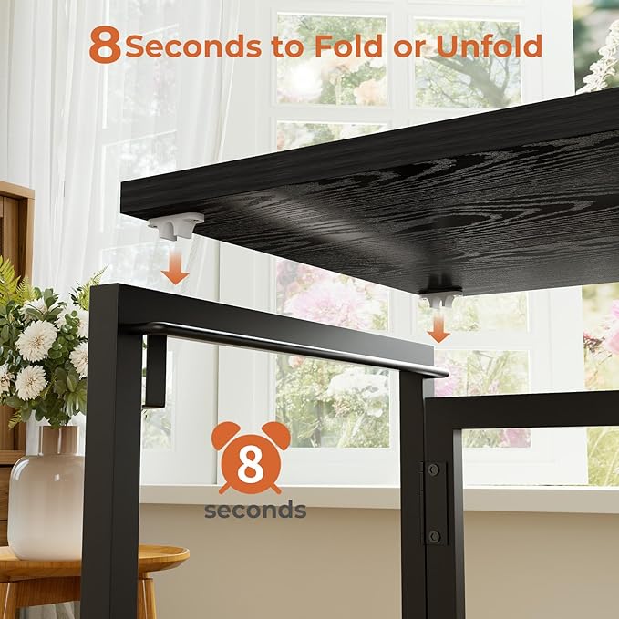 Folding Desk with Monitor Stand, 31.5 Inch Foldable Computer Desk with Hook, Sturdy Small Space Saving Writing Table for Home Office Dorm, Black