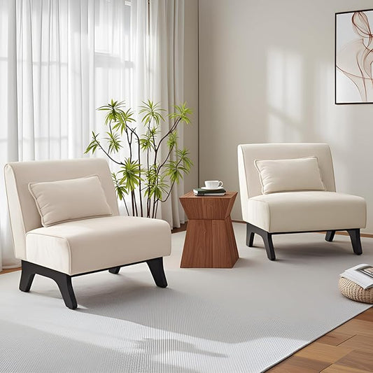 Set of 2 Upholstered Armless Accent Chair,Modern Comfy Living Room Chairs with Wooden Legs& Pillows,Lounge Sofa Side Chair for Bedroom Farmhouse Reading (Beige, 2 PCS)