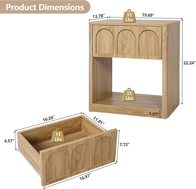 Nightstand Set of 2, 19.69" Wide Bedside Table with Arched Finish, Modern Night Stands with Curved Profile, Mid Century End Table for Bedroom Living Room (Natural-2 Packs)