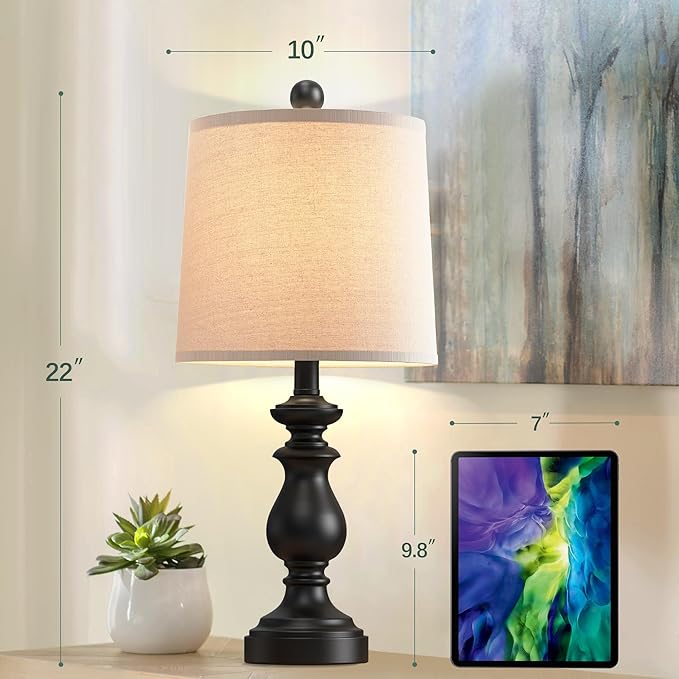 PARTPHONER Traditional Table Lamp Set of 2, Rustic Farmhouse Table Lamps for Living Room Bedroom, 22" Bedside Desk Lamps Vintage Nightstand Lamps with Linen Shades, Black
