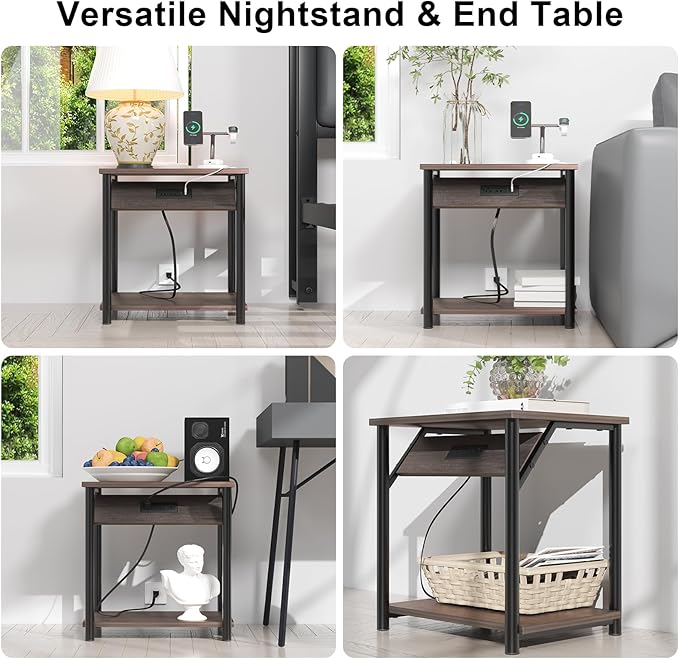 Night Stands Set of 2, Small End Tables with Charging Station, Small Side Tables for Living Room, Bedside Tables with 2-Tier Storage Shelf, Nightstand with Outlets and USB Ports, Rustic Grey/Black