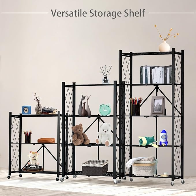 3 Tier Foldable Storage Shelf with Wheels, Heavy Duty Garage Shelving Unit Loads 550 LBS, Metal Steel Collapsible Shelves, Rolling Standing Utility Rack for Kitchen, Pantry, Office, Black