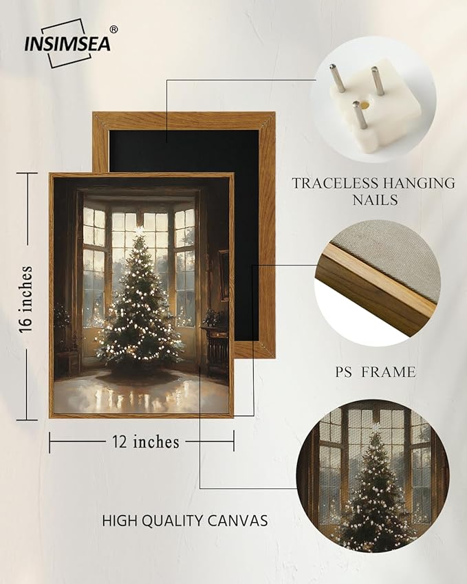 InSimSea Framed Canvas Wall Art, Vintage Christmas Tree Decor, Living Room Pine Decorations, Winter Cottagecore Paintings for Bedroom Bathroom, Xmas Holiday Decorations Gifts, 12x16 Inch