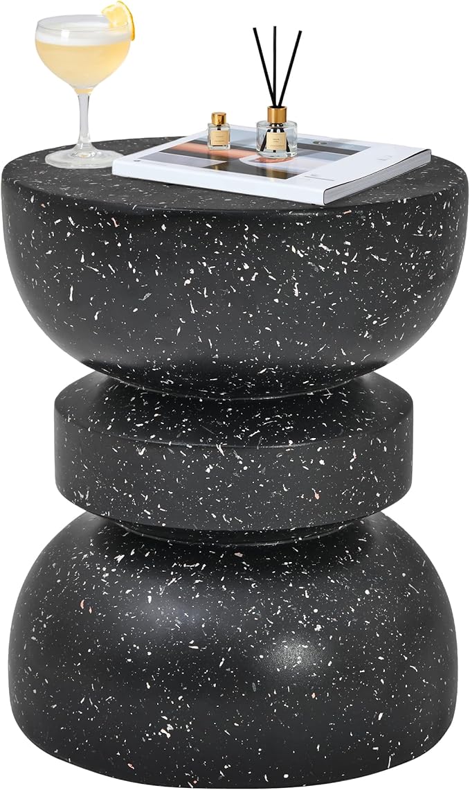 18" Outdoor Side Table, Modern Hourglass Garden Stool in Painted Faux Terrazzo-Look, Patio Coffee Accent Table Decorative, Durable Weatherproof & Easy Assembly Round Table for Room Porch Black