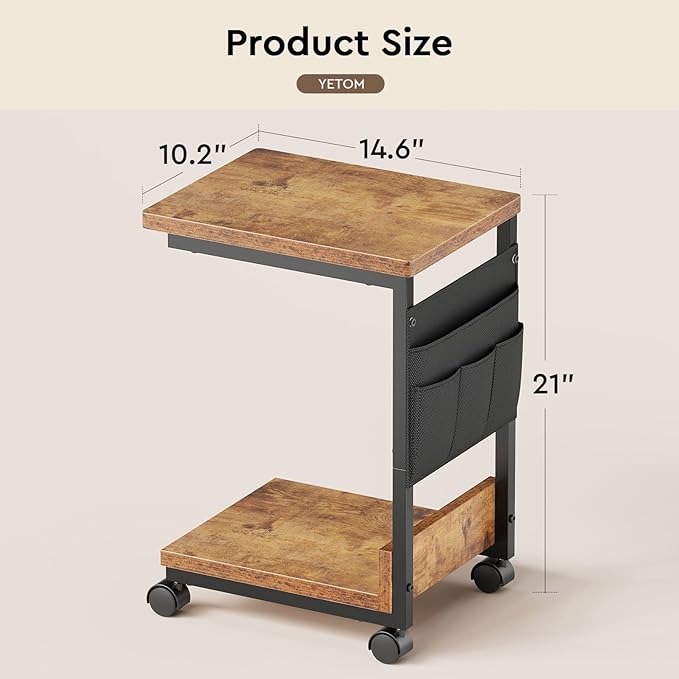 Side Table,C Table with 2-Tier Storage Shelf, End Table with a Storage Bag, Sofa Table with Wheels for Living Room, Bedroom, Office, Bathroom, Rustic Brown