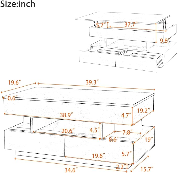 Lift Top Coffee Table with 2 Drawers and LED Lights, Modern 39.3" Rectangular High-Gloss Center Table Cocktail Tea Table with Lift-Top and Hidden Space for Living Room Apartment White