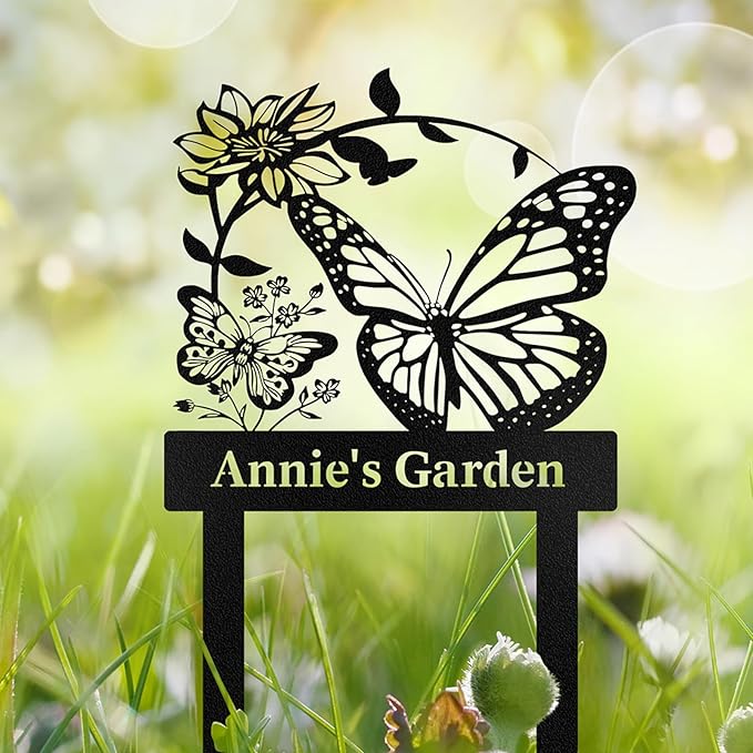 Personalized Garden Signs for Outdoor, Custom Butterfly Garden Sign with Stake Metal Waterproof, Customized Metal Name Sign, Patio Yard Decor Gardening Gift