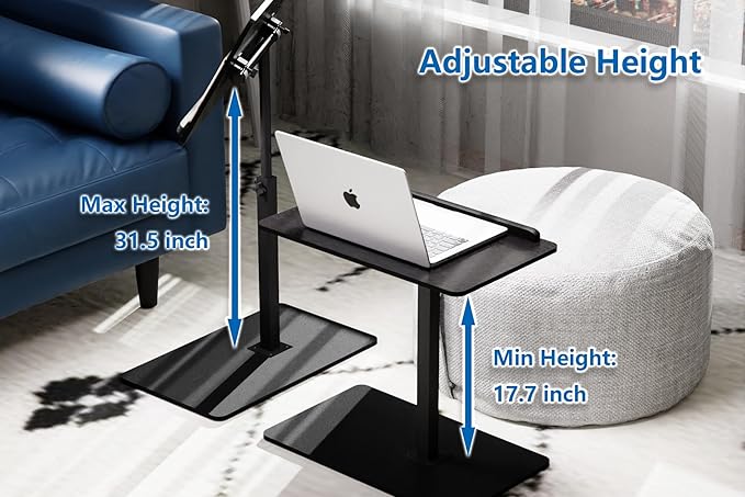 C Shaped End Table,20" W x 14" L,17"-31" Adjustable Height,Swivel and Turnable Desktop,Foldable Side Table for Small Spaces,Black Walnut (Black, 19.7" x 13.8")