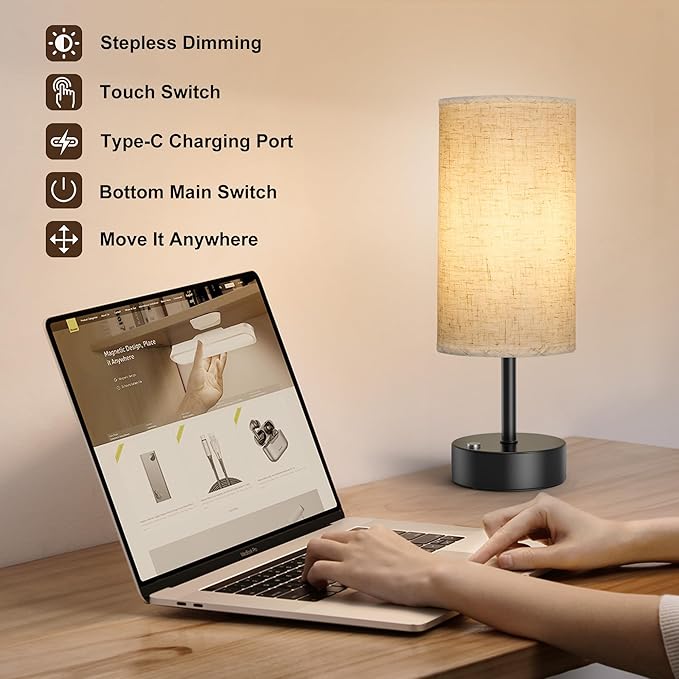 ROTTOGOON Cordless Table Lamp Touch Control Dimmable Small Bedside Table Lamps with Oatmeal Fabric Shade 5000mAh Rechargeable Battery Powered Desk Lamp for Bedroom,Home,Office,Dorm-Black
