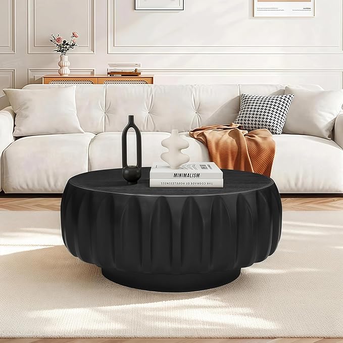 31.5" Round Solid Wood Carved Coffee Table with Elegant Sculptural Design,Modern Side Table for Living Room,Bedroom,Office，Black